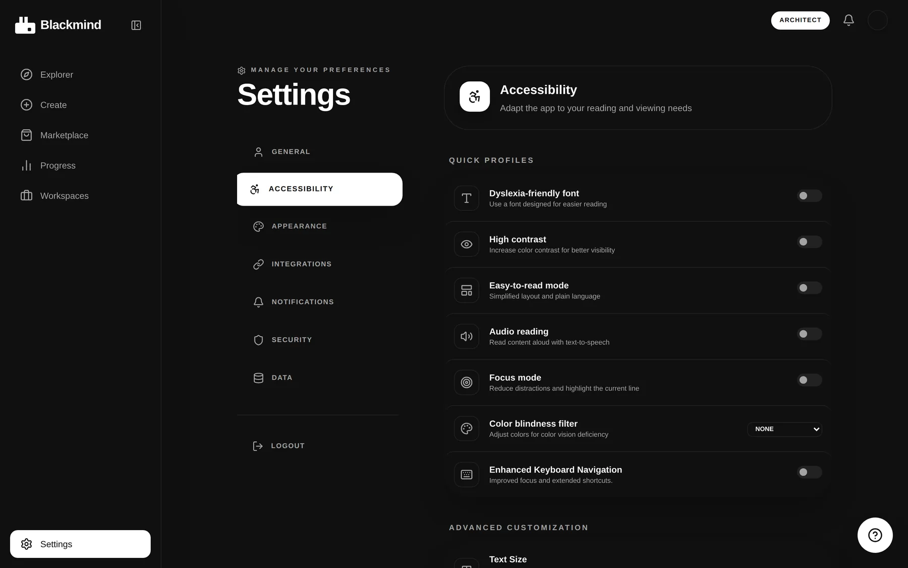 The claim the platform is built on, made concrete: dyslexia-friendly type, high contrast, plain language, read-aloud, focus mode, colour-blindness filters and keyboard navigation — each a switch, not a separate edition of the course.