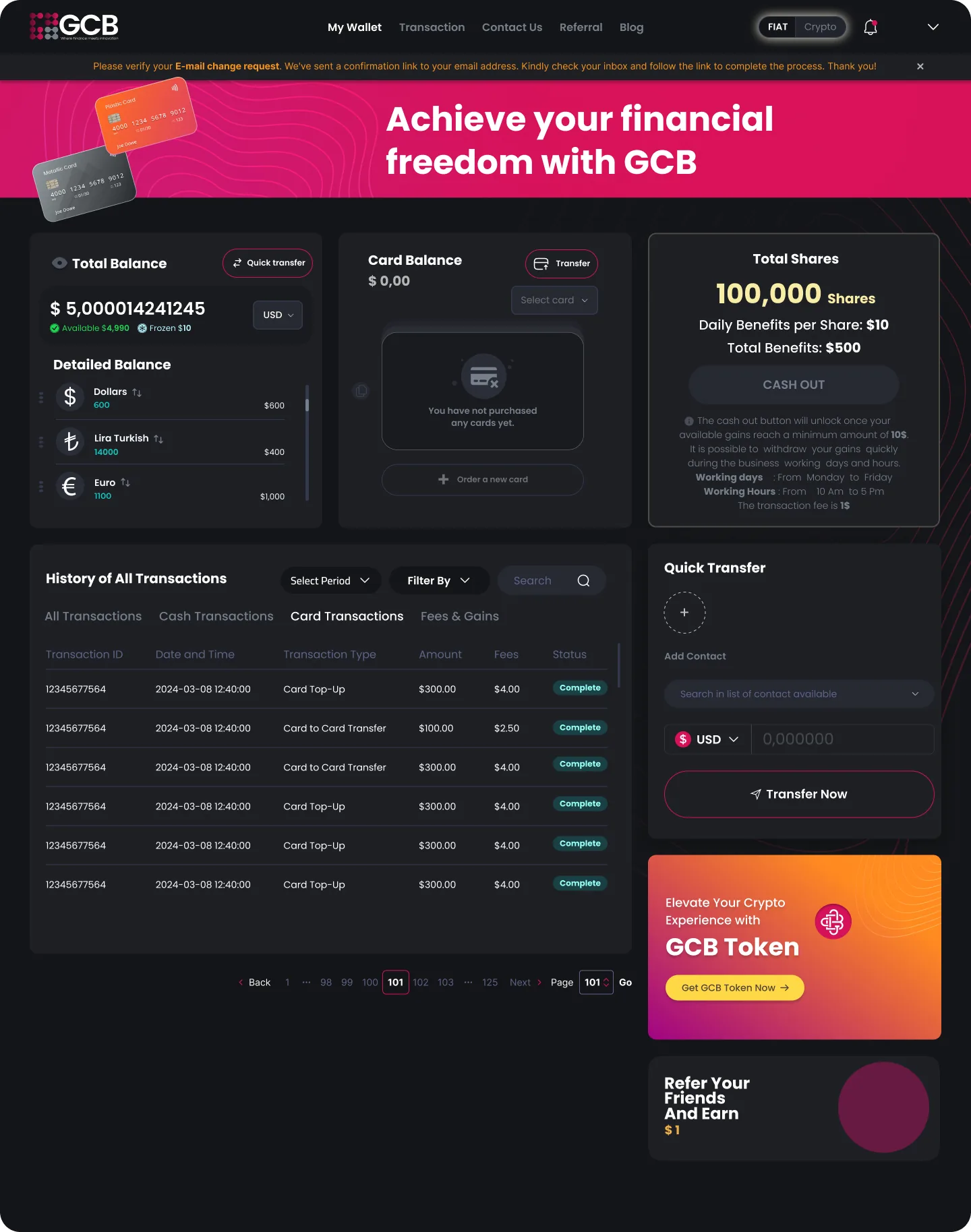 One account holding fiat and crypto side by side: balances broken out per currency, the card, shares and their daily benefit, and the full transaction history under a single filter.