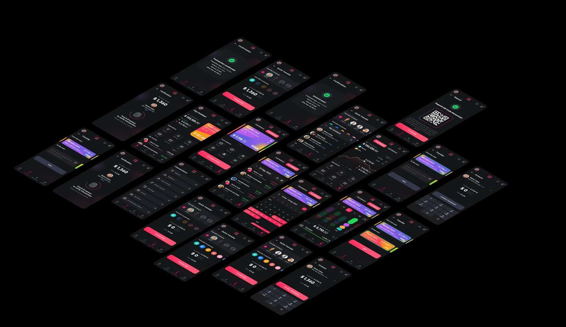 Every screen of the wallet at once: the send-and-receive path complete on its own, with network selection, custom fees, address books and the security steps appearing only where they are needed.