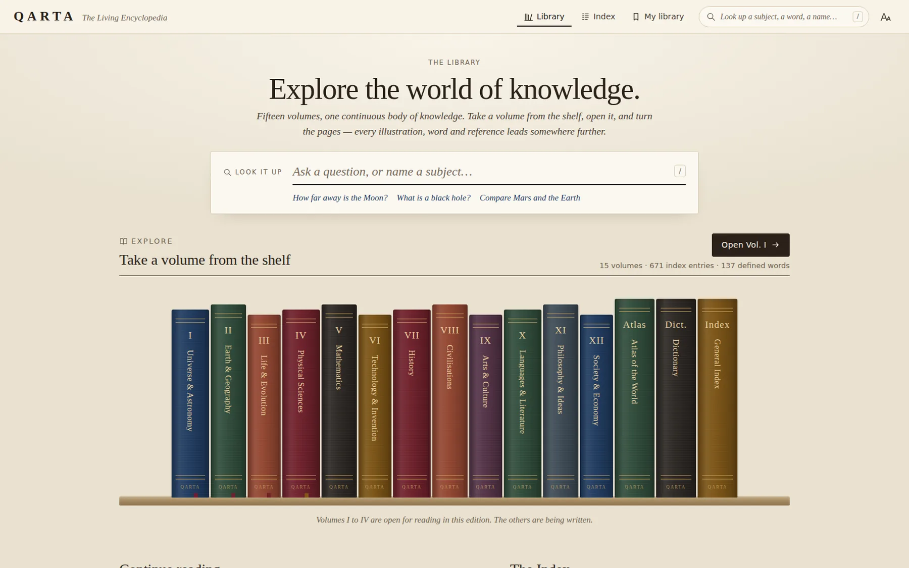 Two front doors on one screen: a question box that answers at once, and fifteen volumes to take down and open. Four are written and readable; the shelf says plainly that the others are still being set.