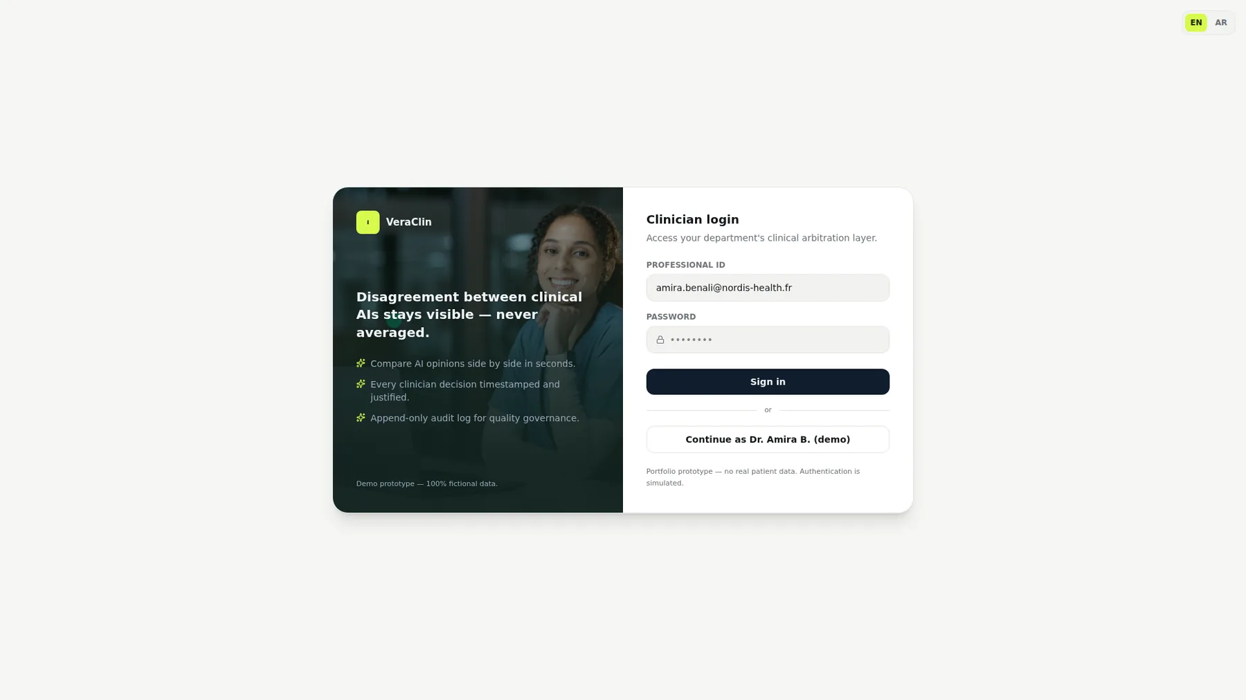 The product states its position before asking for a password: disagreement between clinical AIs stays visible, never averaged. Underneath, in small type, what the prototype is — fictional data, simulated authentication — because a clinical demo that does not say so is doing something else.