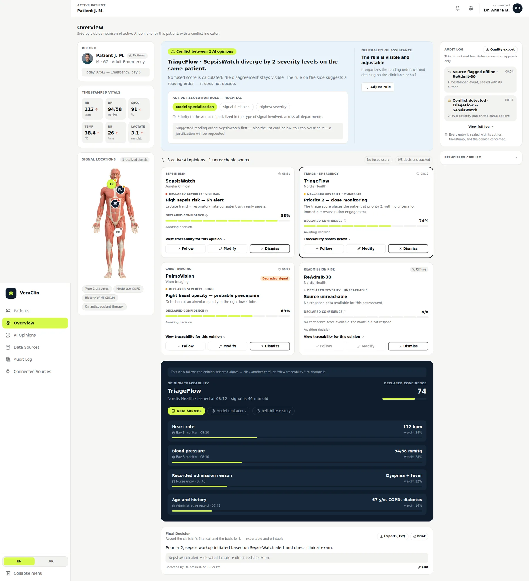 The same screen once the clinician has answered it. The last panel on the page is theirs — the decision and the clinical basis for it, stamped with their name and the time, exportable as text and printable for the record.