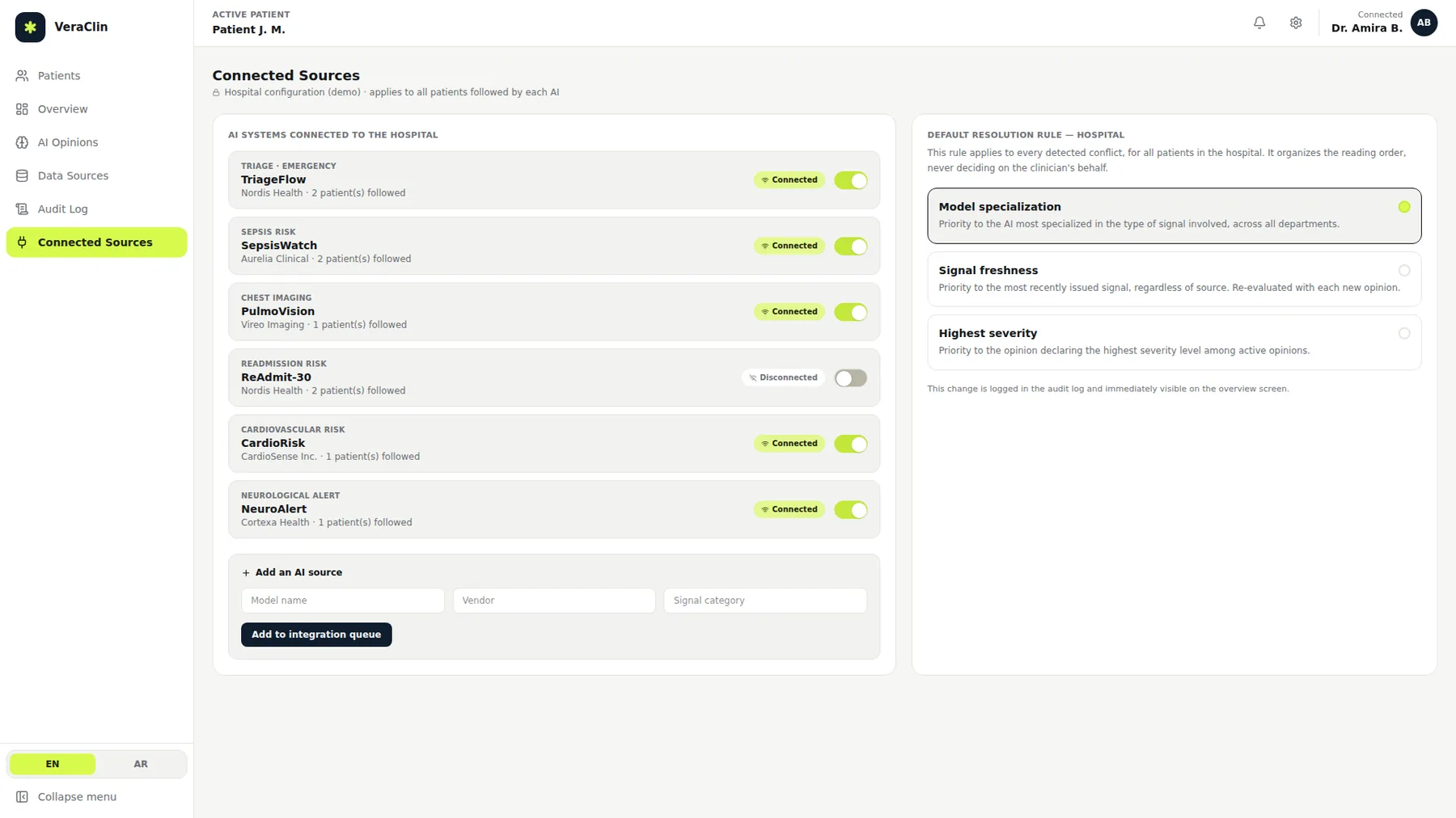 Sources are hospital-wide, not per patient: turning one off affects every patient it follows, and the resolution rule beside it is set once for the whole hospital. Both changes are logged.