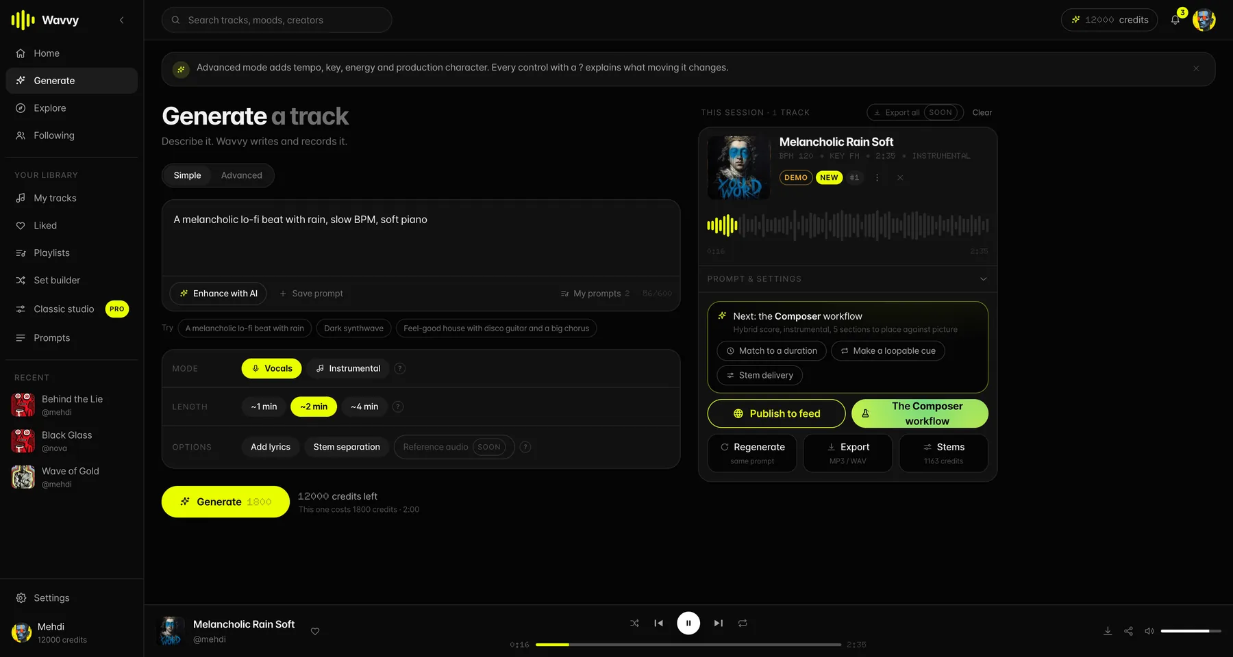 Generate. The prompt on the left with mode, length and options; on the right the session panel holding the take, its waveform, what it cost, and the workflow the track is asking for next.