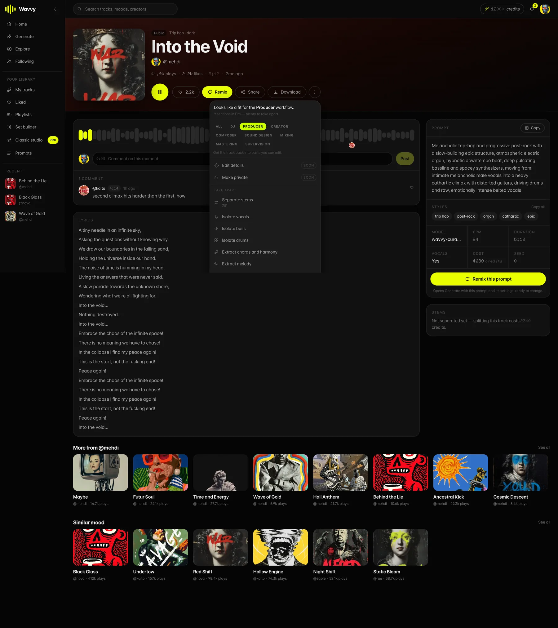 A finished track reads itself. The menu proposes the Producer workflow from what was measured, and the panel beside it carries the prompt that made it — styles, BPM, duration, seed and cost — with one button to remix it.