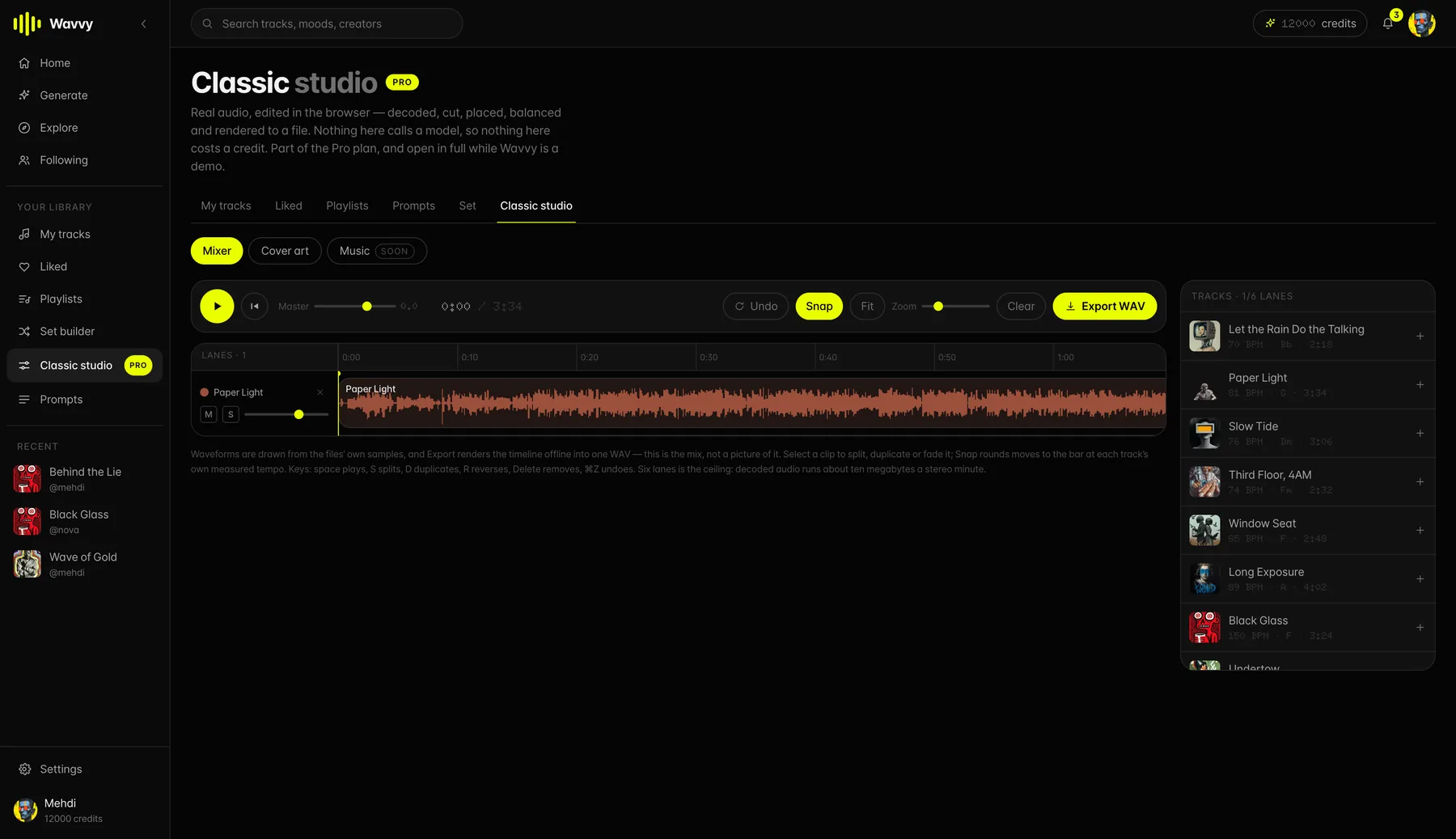 Classic studio: a real multitrack editor on decoded audio in the browser. Cut, place, balance and render to a WAV offline. Nothing in it calls a model, so nothing in it costs a credit.