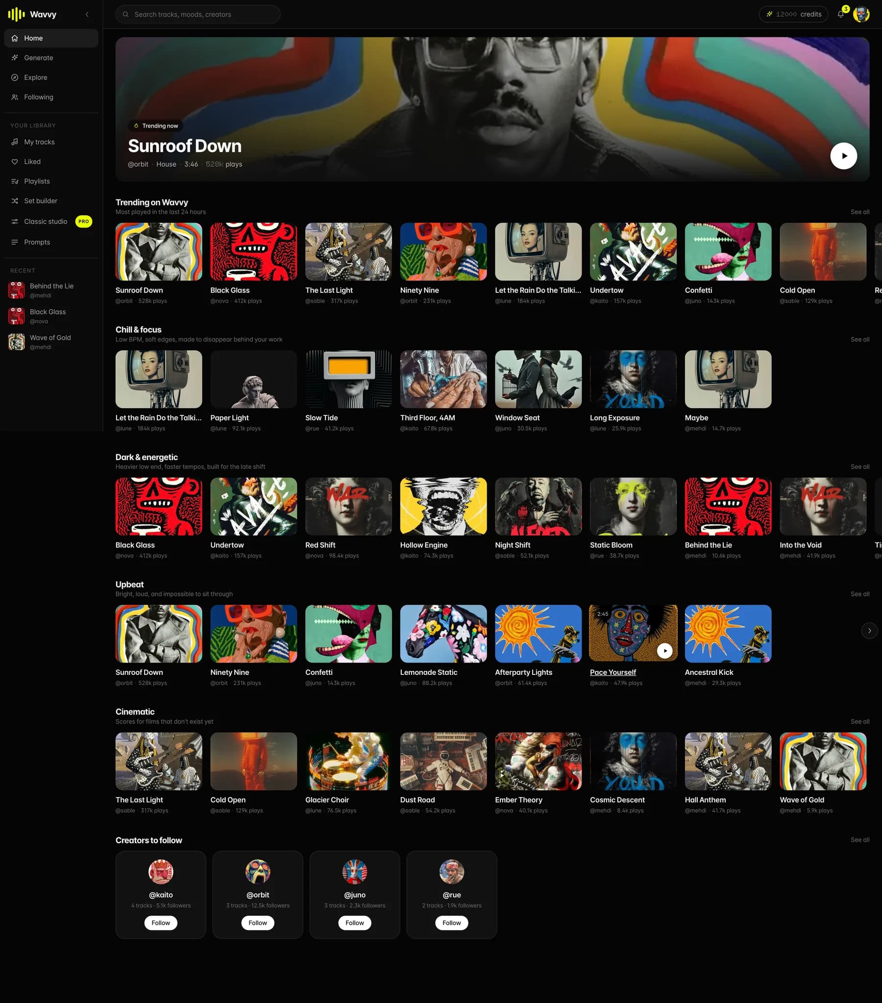 The feed. Everything published is public and playable, sorted into rails by mood and energy rather than by genre alone.